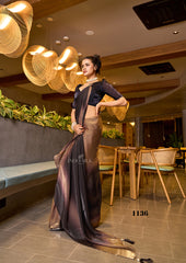 Glam Brown-Gold Ombre Saree in Fendy Satin – Luxe Digital Print