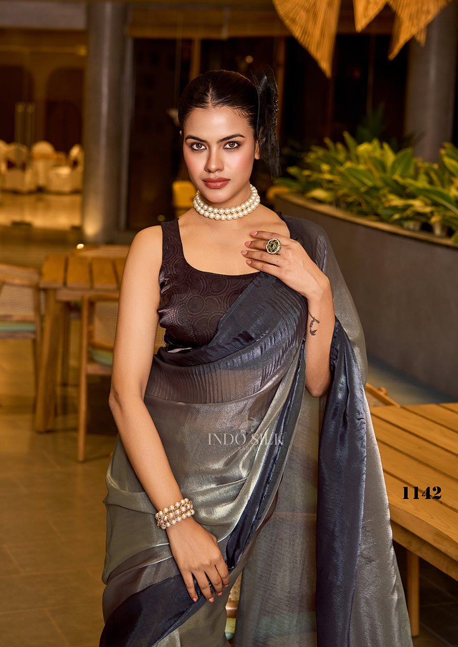 Dark Grey Fendy Satin Saree with Ombre Silver Fade – Digital Print