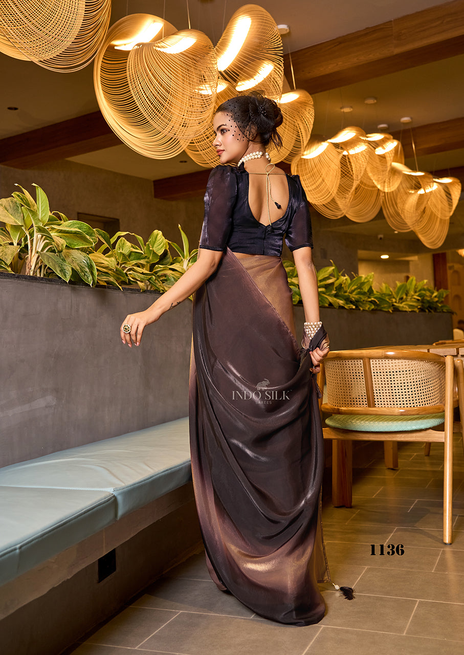 Glam Brown-Gold Ombre Saree in Fendy Satin – Luxe Digital Print