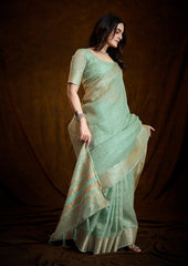 Premium Mint Glow Silk Saree with Intricate Woven Border