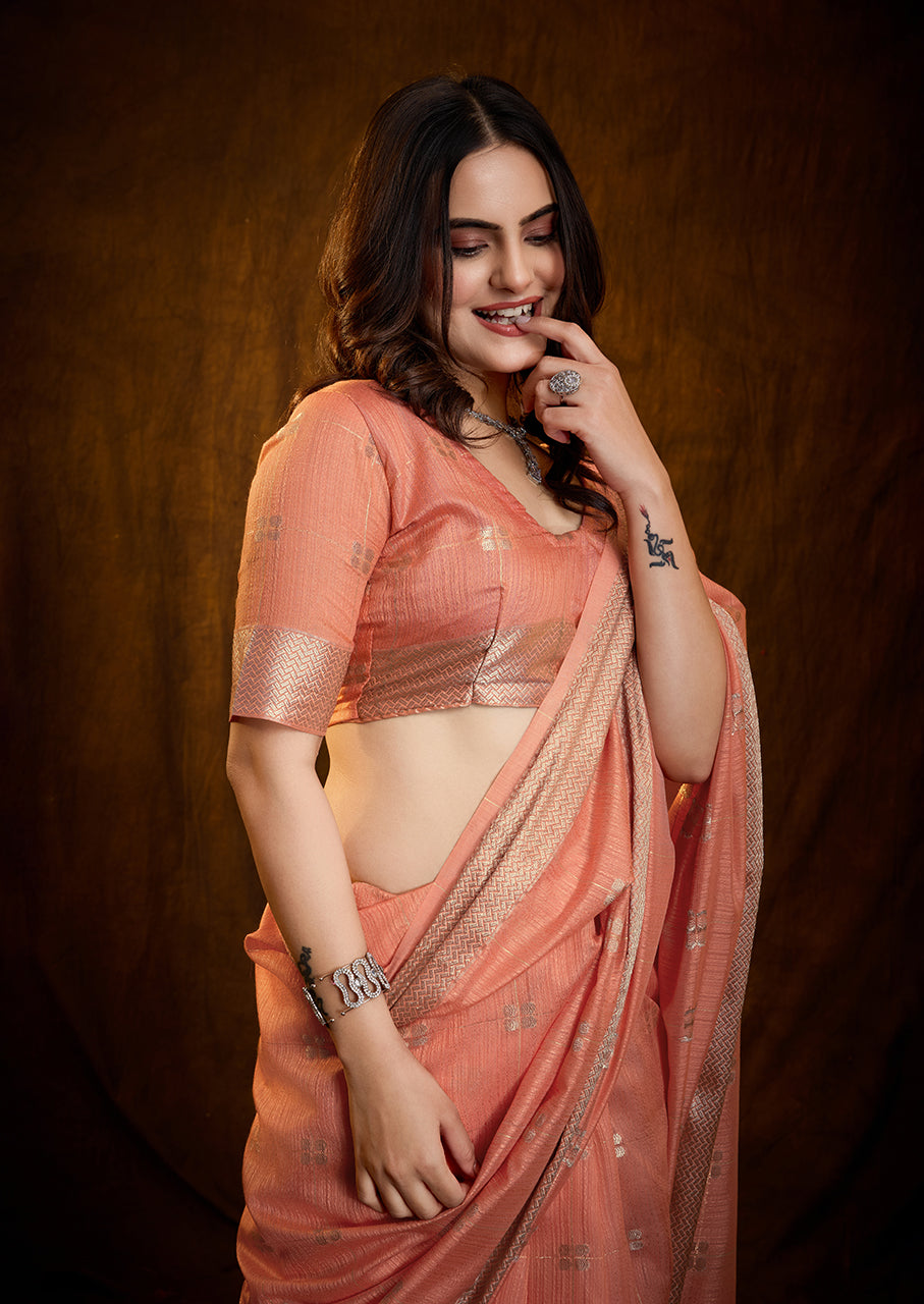 Peach Pink Linen Cotton Silk Saree with Silver Accents