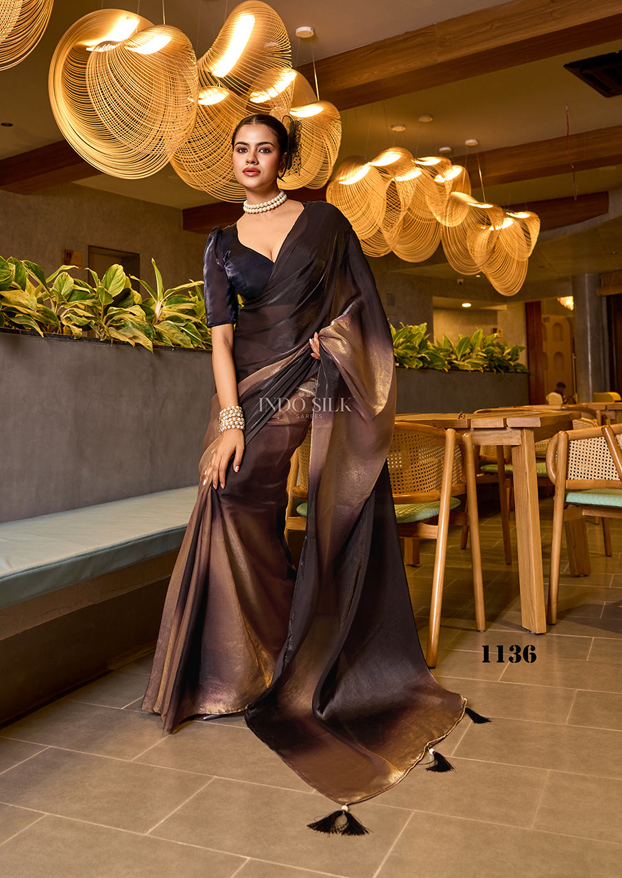 Glam Brown-Gold Ombre Saree in Fendy Satin – Luxe Digital Print