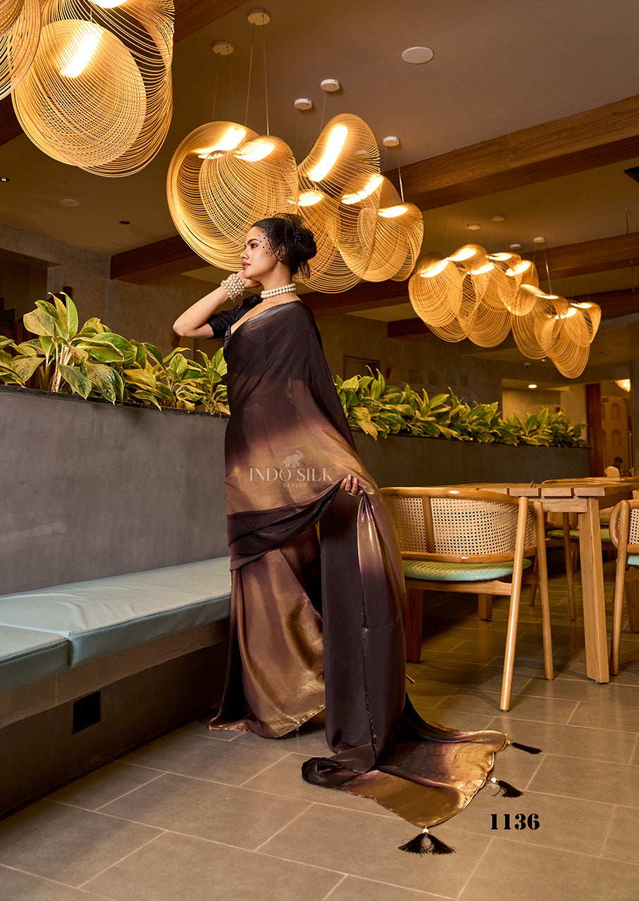 Glam Brown-Gold Ombre Saree in Fendy Satin – Luxe Digital Print