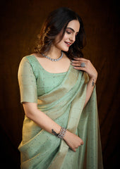 Premium Mint Glow Silk Saree with Intricate Woven Border