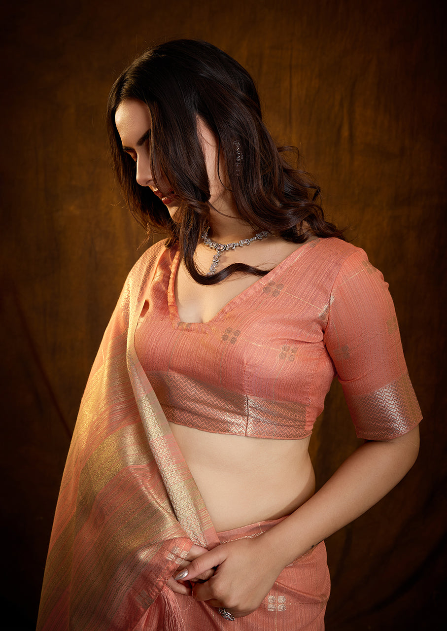 Peach Pink Linen Cotton Silk Saree with Silver Accents