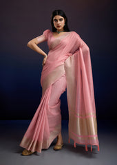 Luxury Blush Pink Saree in Linen Cotton Silk with Beautiful Weaving