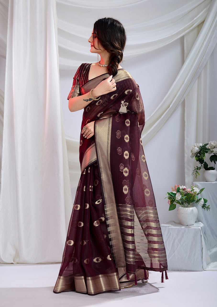 Wine Royale Zari Silk Saree with Stunning Zari Borders – Perfect for Festive Wear