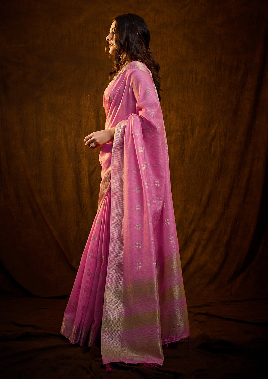 Charming Gulabi Color Linen Cotton Silk Saree