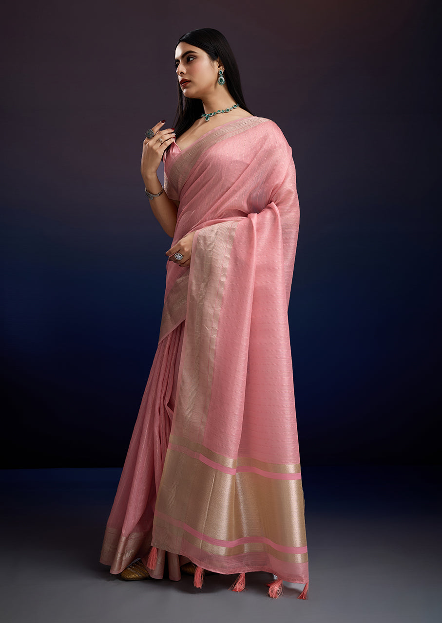 Luxury Blush Pink Saree in Linen Cotton Silk with Beautiful Weaving