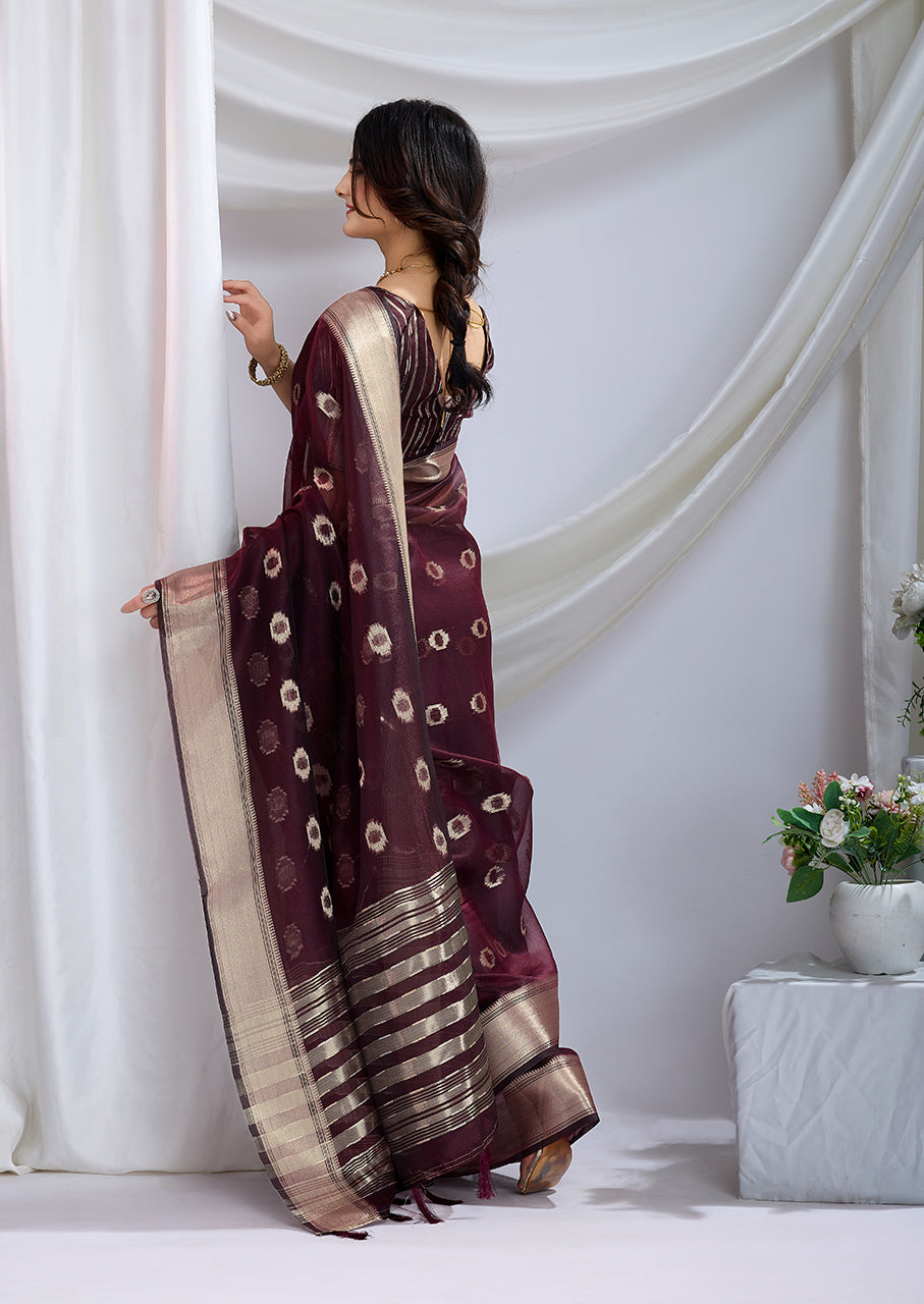 Wine Royale Zari Silk Saree with Stunning Zari Borders – Perfect for Festive Wear