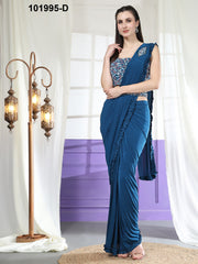 AMOHA NEW READY TO WEAR  IMPORTED FABRIC AND FRILLED BORDER SAREE WITH HANDWORK BELT BLUE