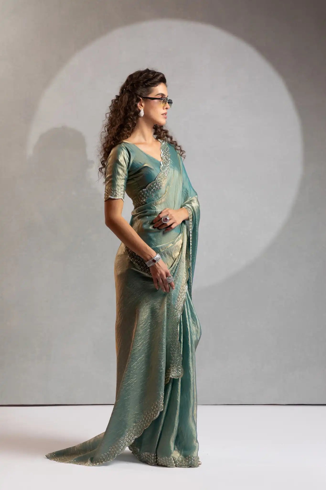 The Mehek Saree Showcases Exquisite Satin Silk Fabric Adorned With Elegant Foil