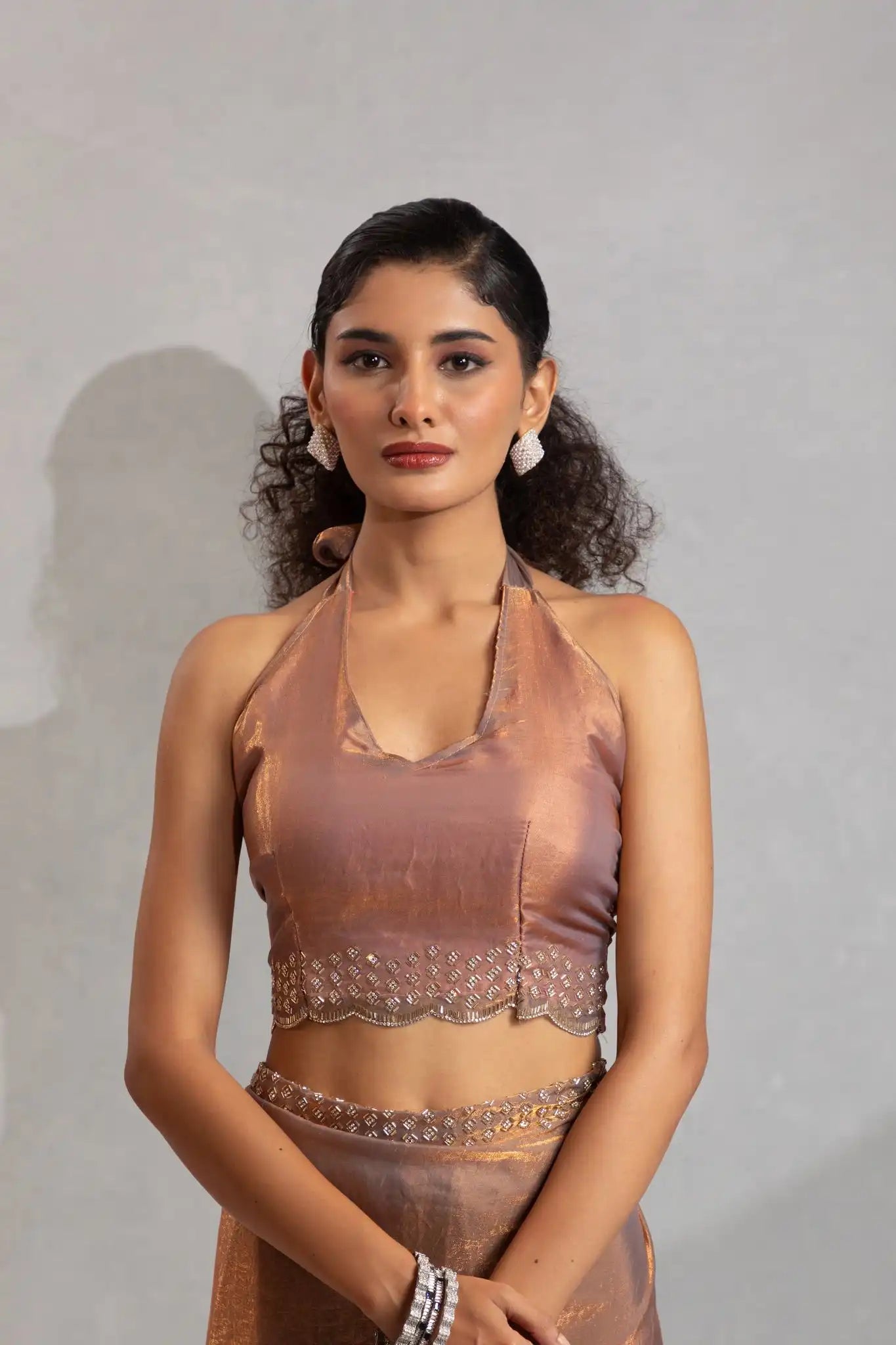 The Mehek Saree Showcases Exquisite Satin Silk Fabric Adorned With Elegant Foil