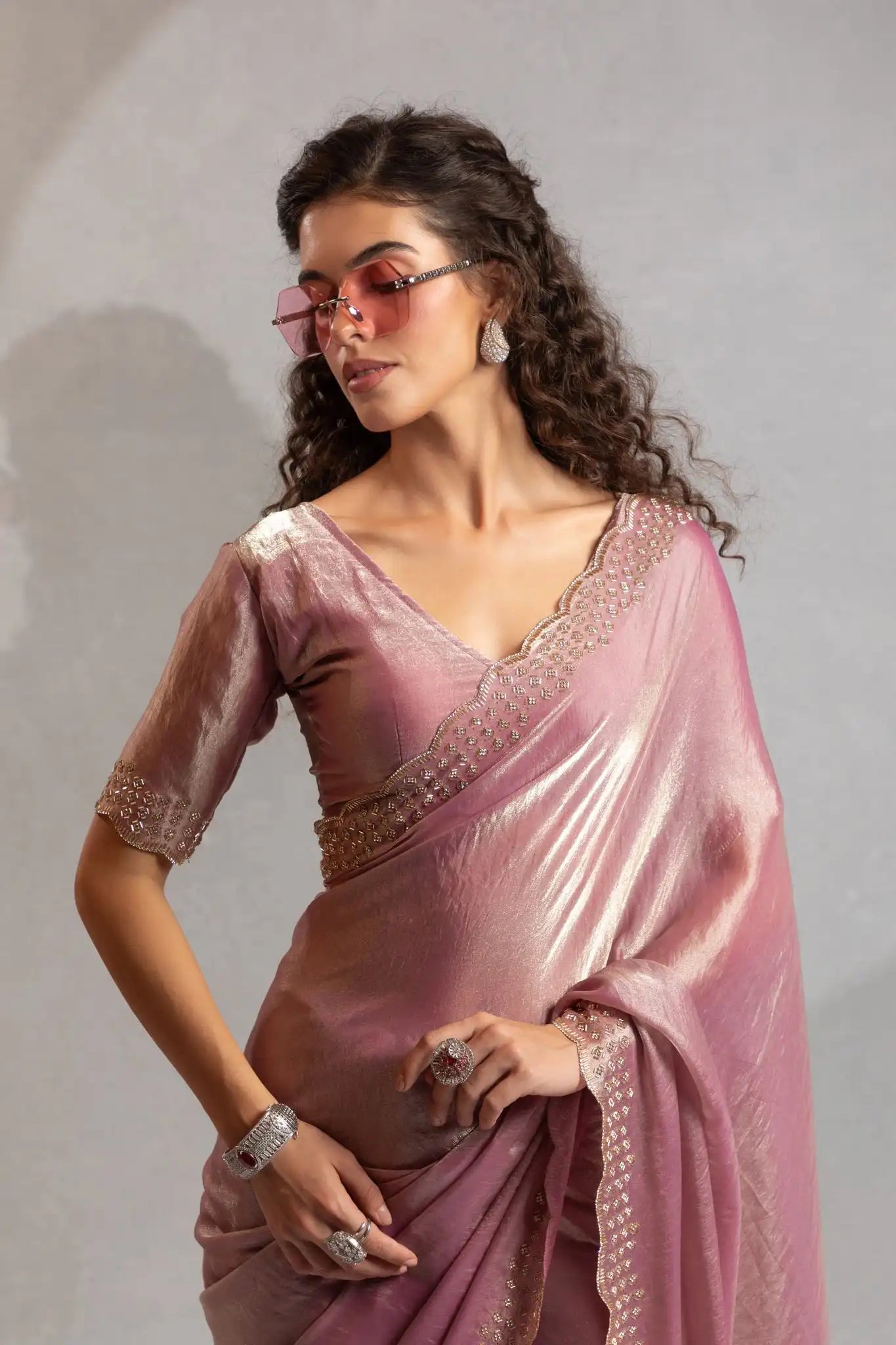 The Mehek Saree Showcases Exquisite Satin Silk Fabric Adorned With Elegant Foil