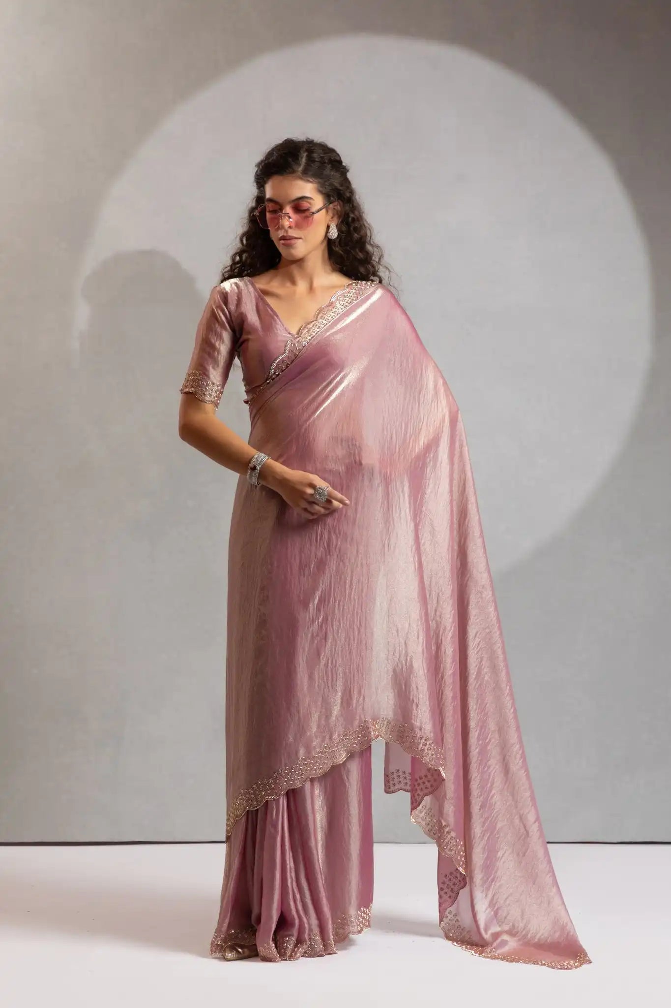 The Mehek Saree Showcases Exquisite Satin Silk Fabric Adorned With Elegant Foil