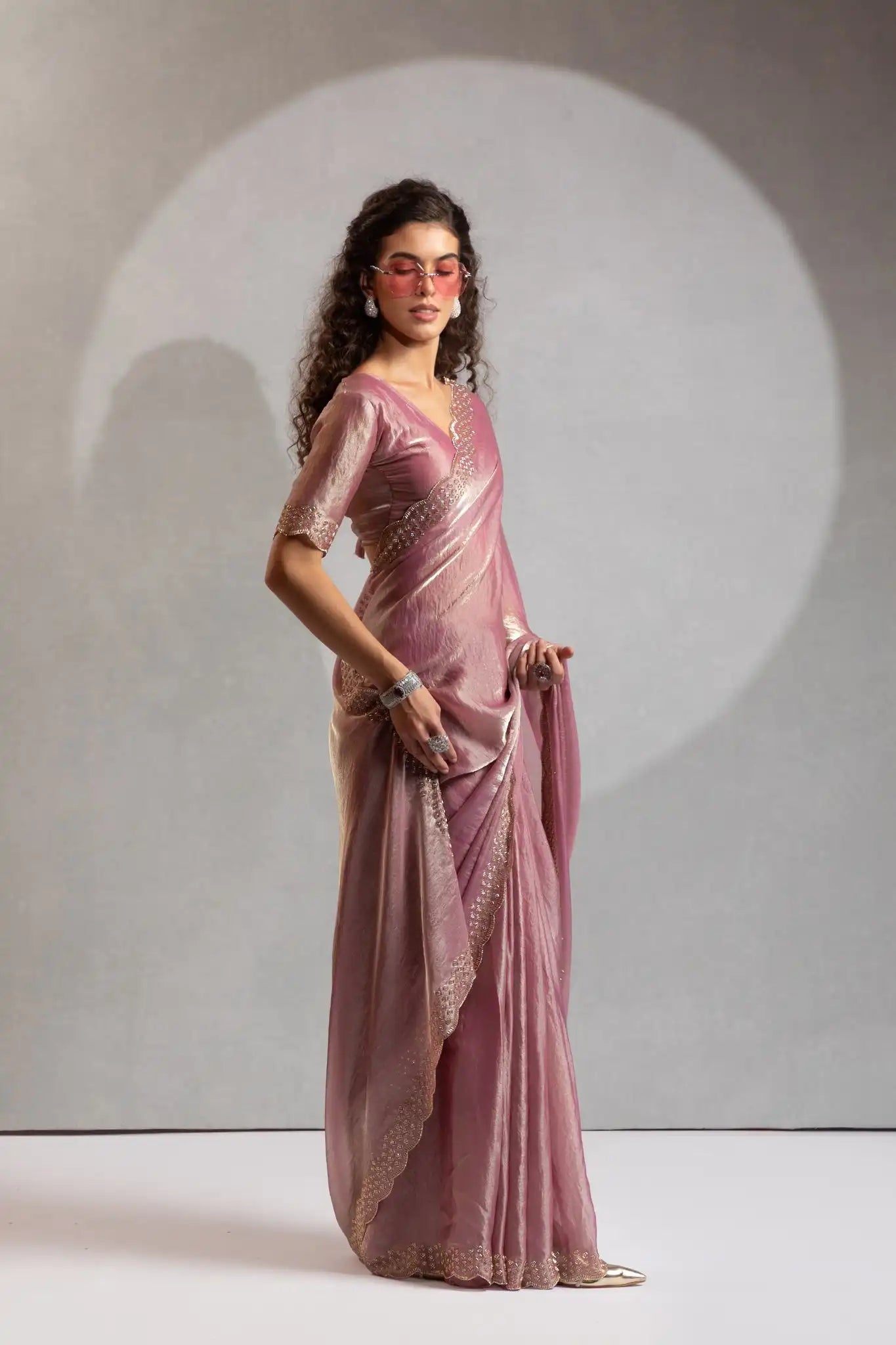 The Mehek Saree Showcases Exquisite Satin Silk Fabric Adorned With Elegant Foil
