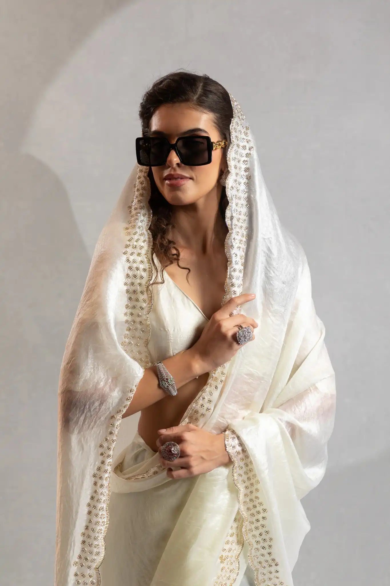 The Mehek Saree Showcases Exquisite Satin Silk Fabric Adorned With Elegant Foil