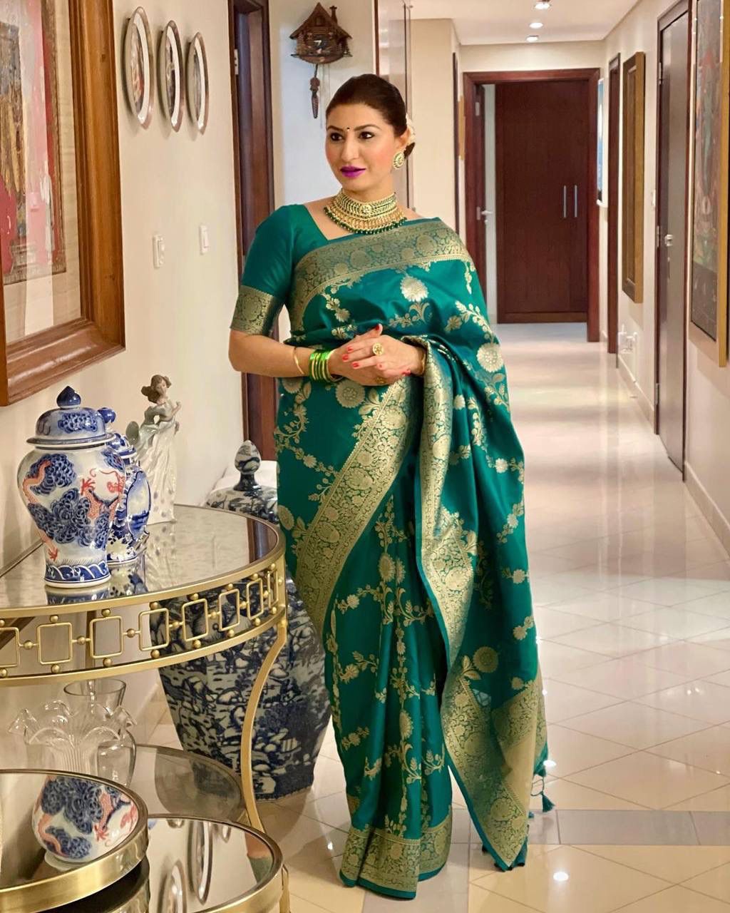 KASTURI TRENDZ Elegant Green Silk Saree with Golden Floral Border