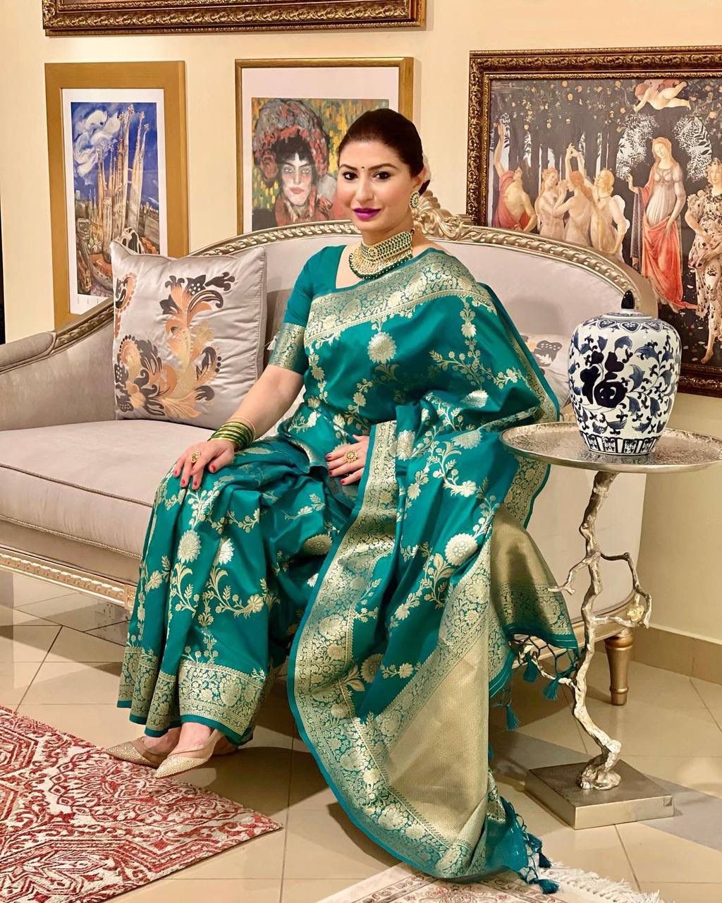 KASTURI TRENDZ Elegant Green Silk Saree with Golden Floral Border