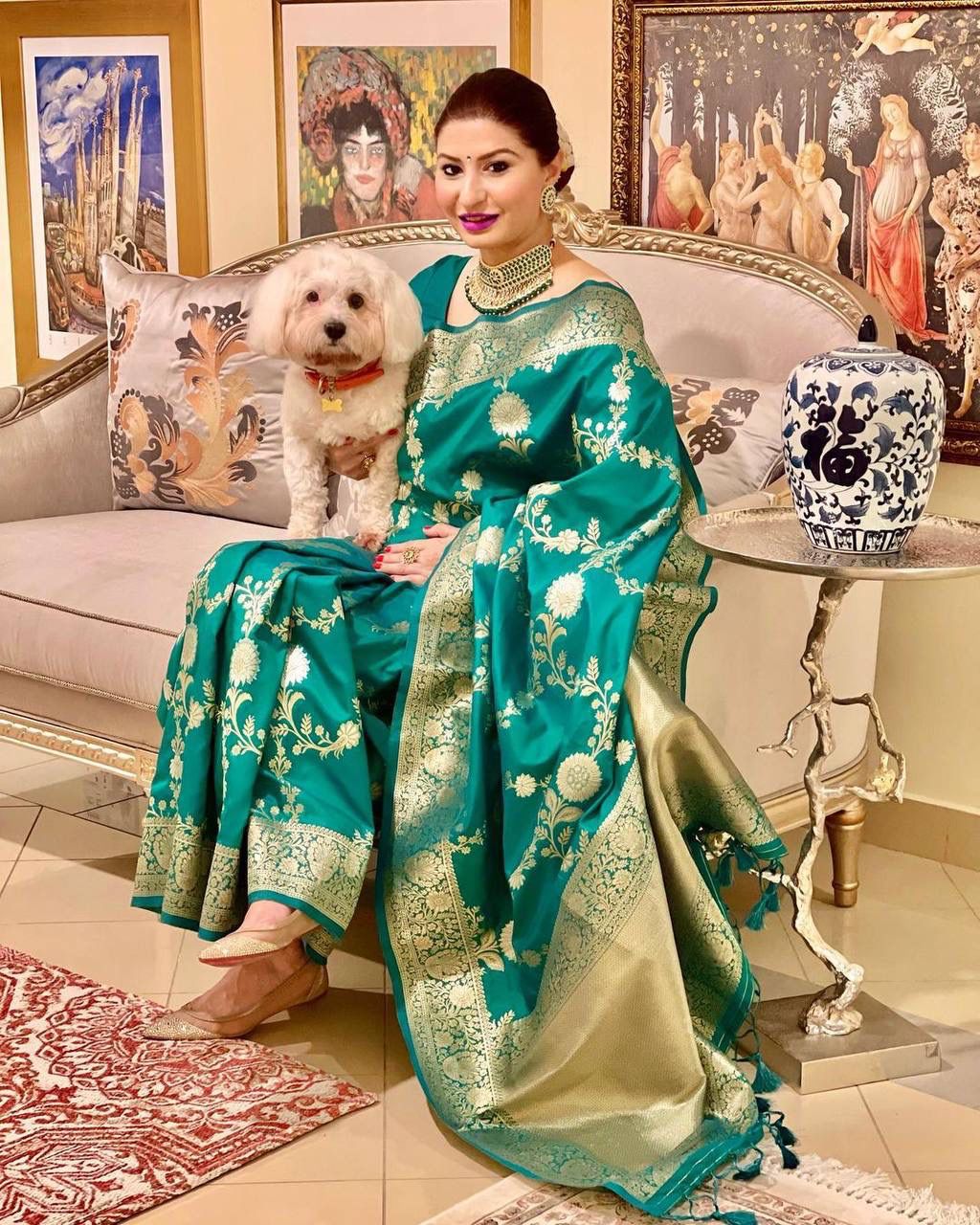 KASTURI TRENDZ Elegant Green Silk Saree with Golden Floral Border
