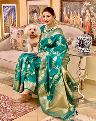 KASTURI TRENDZ Elegant Green Silk Saree with Golden Floral Border