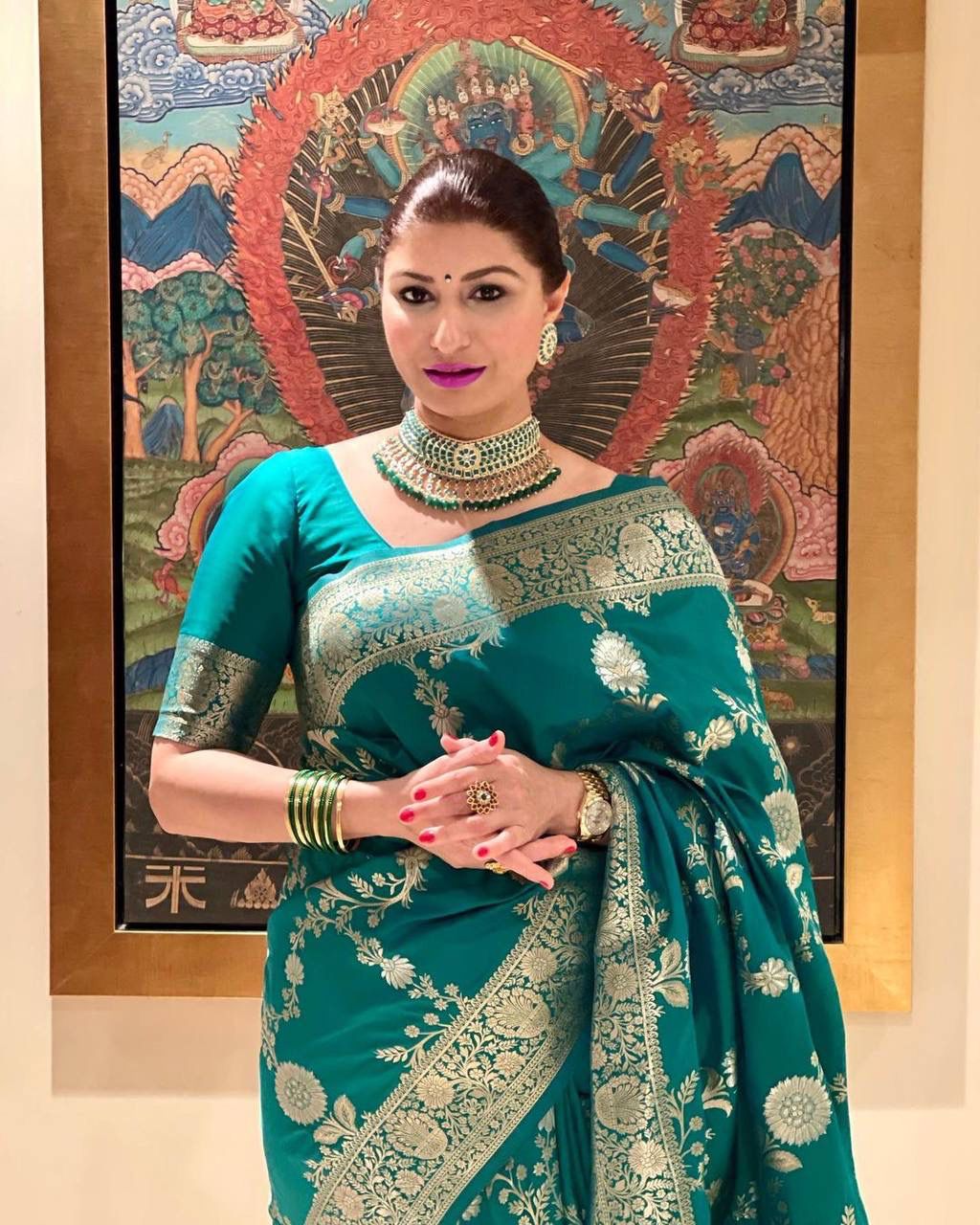 KASTURI TRENDZ Elegant Green Silk Saree with Golden Floral Border