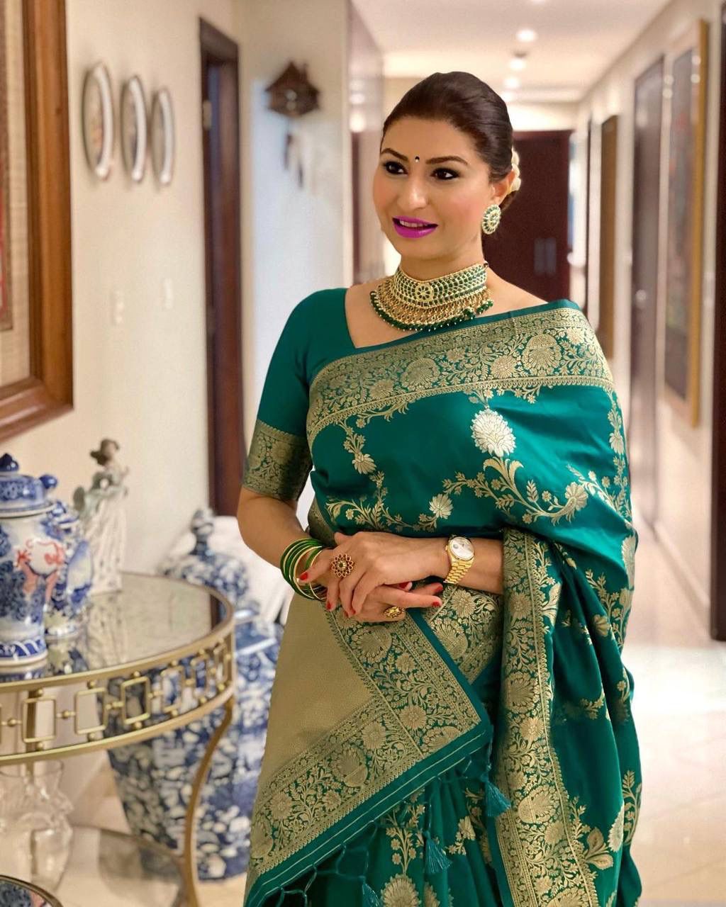 KASTURI TRENDZ Elegant Green Silk Saree with Golden Floral Border