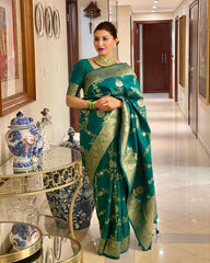 KASTURI TRENDZ Elegant Green Silk Saree with Golden Floral Border