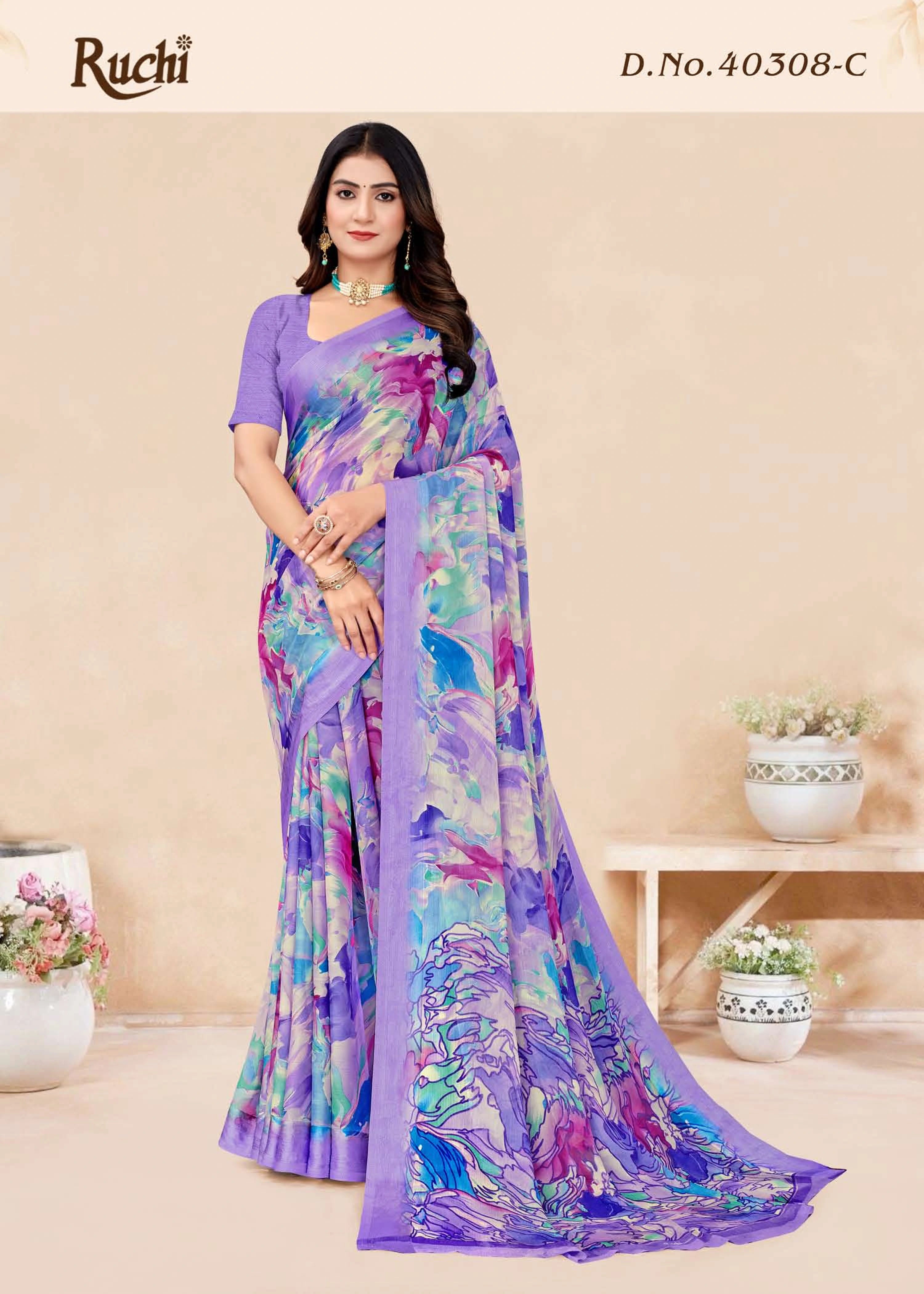 Ruchi Sarees Presents A Chiffon Saree Enhanced With A Satin-Woven Border Combining Lightweight And Elegance