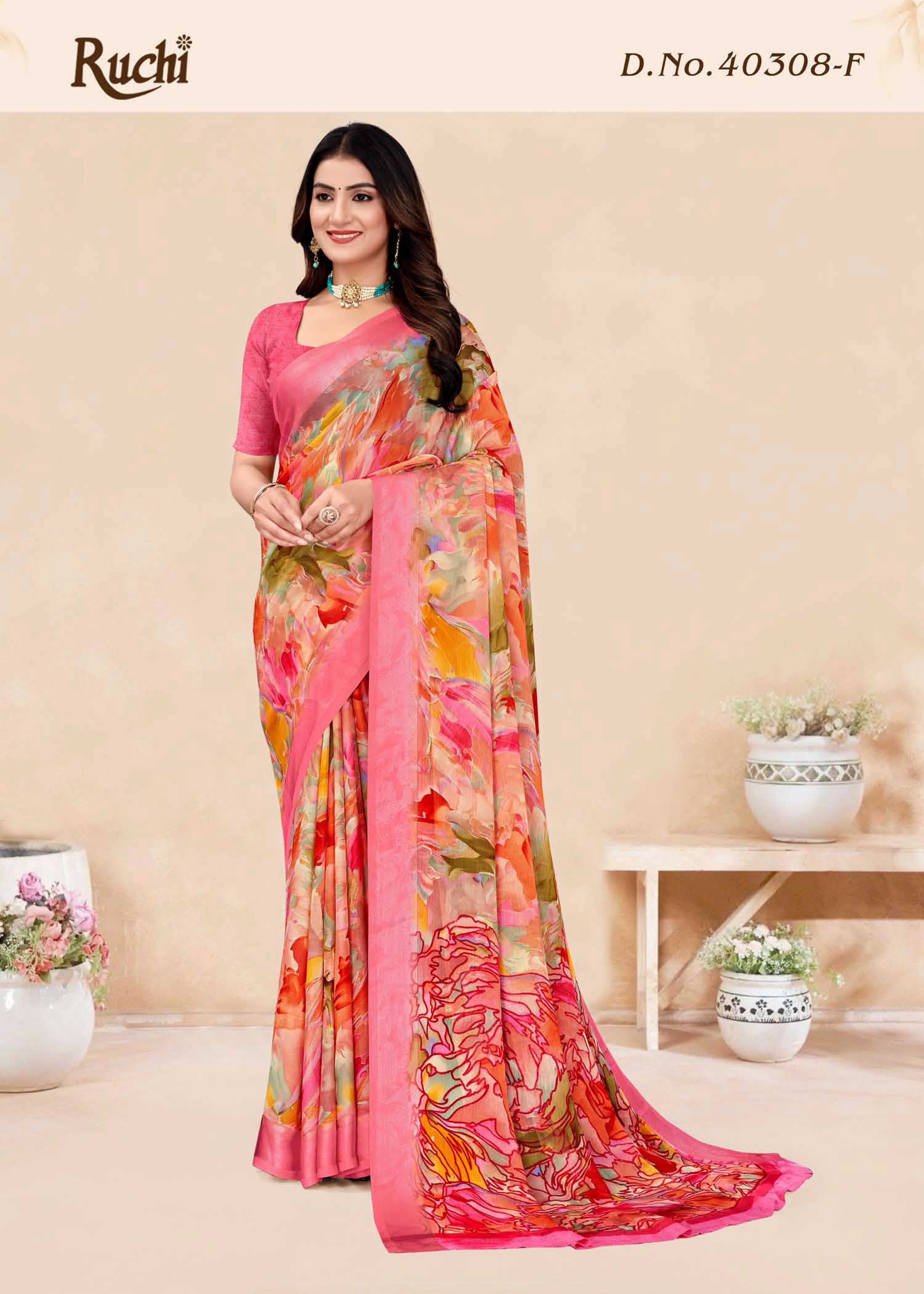 Ruchi Sarees Presents A Chiffon Saree Enhanced With A Satin-Woven Border Combining Lightweight And Elegance