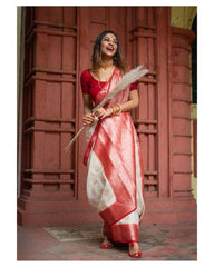Kasturi Trendz Elegant White and Red Embroidered Saree – Traditional and Graceful