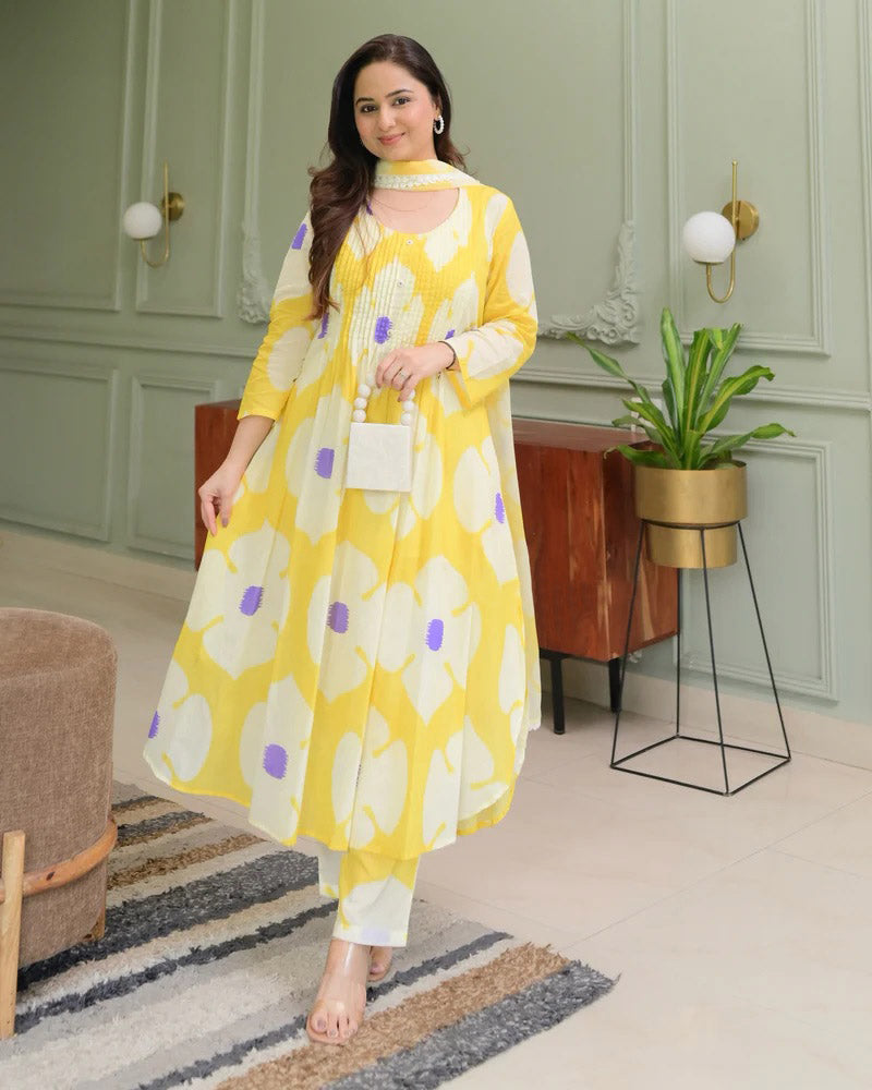 Yellow & White Color Floral Printed Cotton Kurti Pant Dupatta Salwar Suit - sareeswholesalers