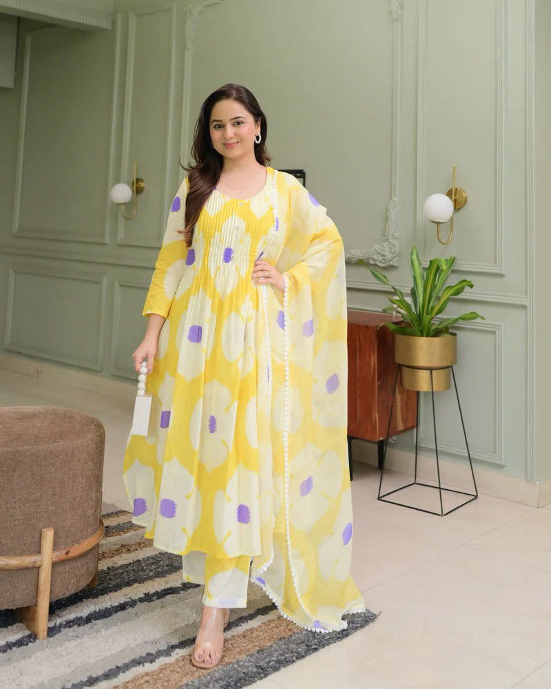 Yellow & White Color Floral Printed Cotton Kurti Pant Dupatta Salwar Suit - sareeswholesalers