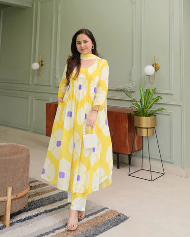 Yellow & White Color Floral Printed Cotton Kurti Pant Dupatta Salwar Suit - sareeswholesalers