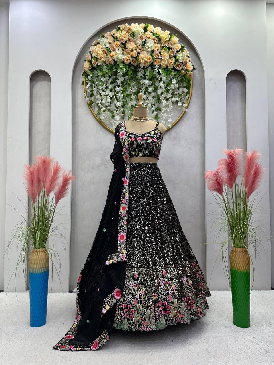 QRC Black Floral Embroidered Lehenga Choli Set – Elegant Traditional Wear