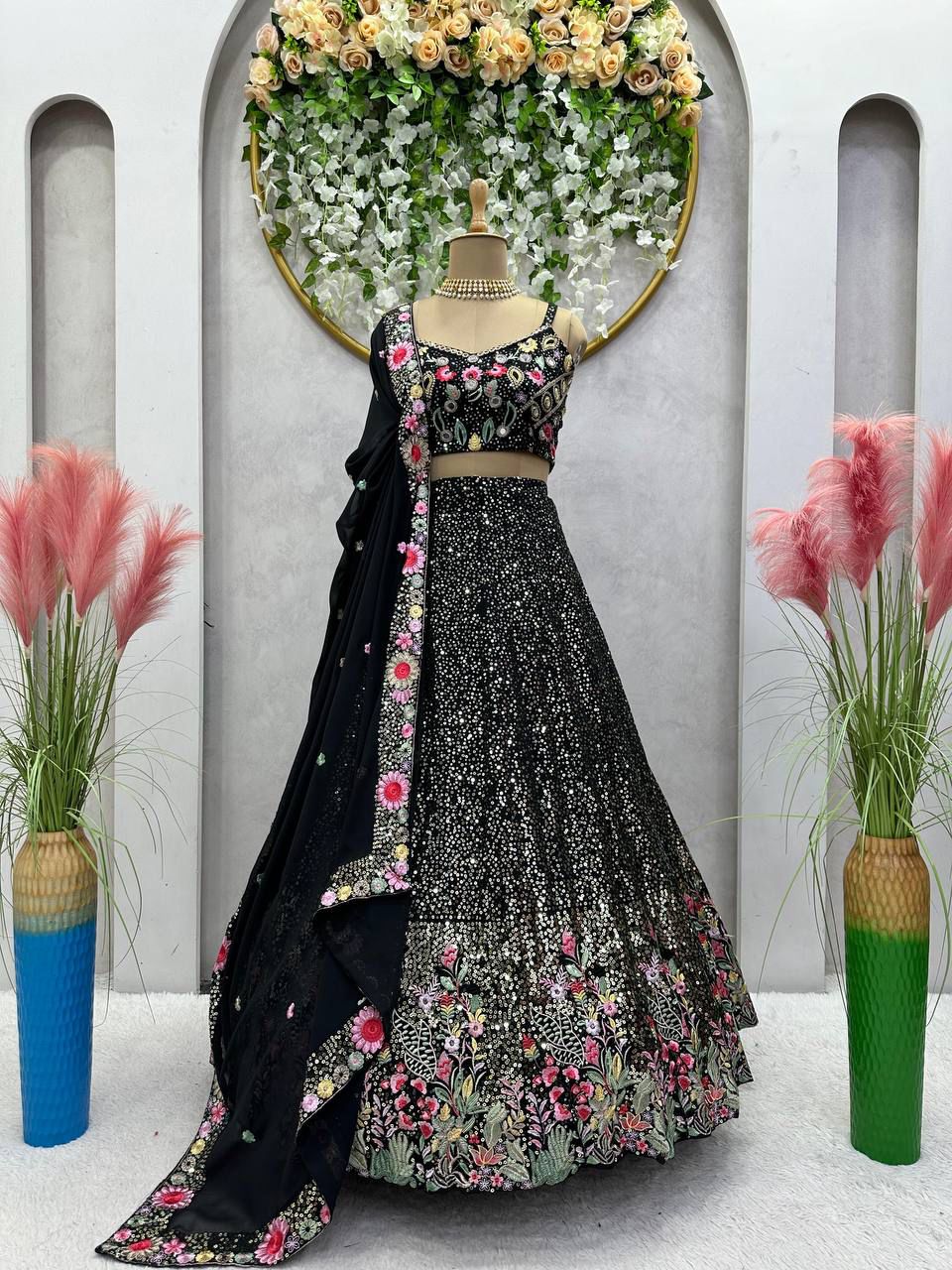 QRC Black Floral Embroidered Lehenga Choli Set – Elegant Traditional Wear