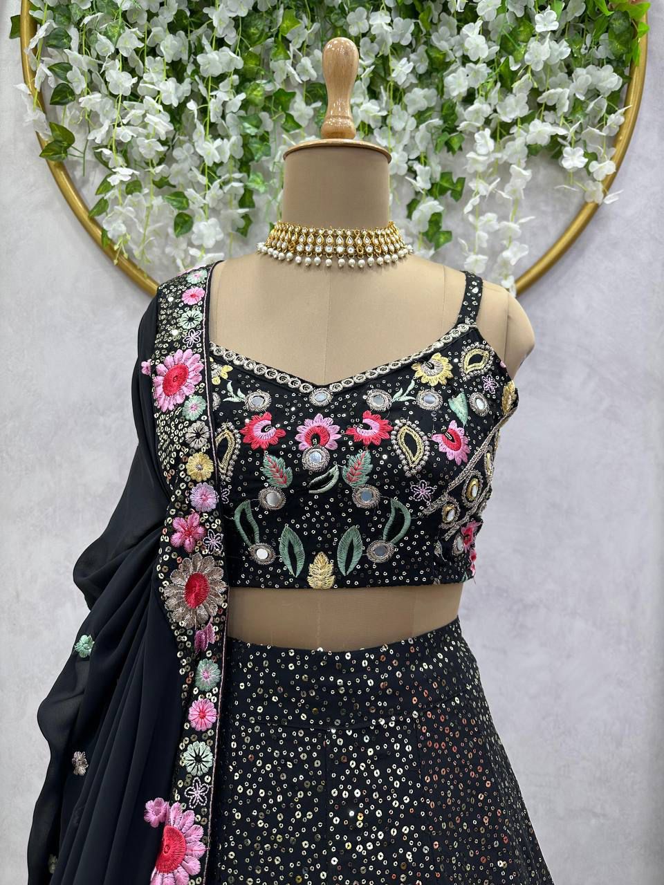 QRC Black Floral Embroidered Lehenga Choli Set – Elegant Traditional Wear