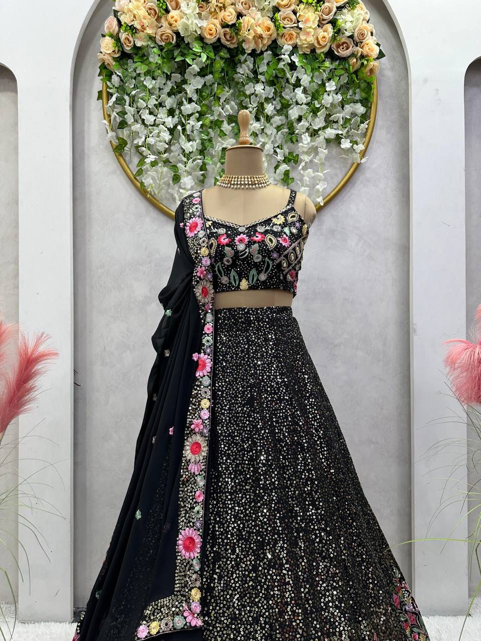 QRC Black Floral Embroidered Lehenga Choli Set – Elegant Traditional Wear