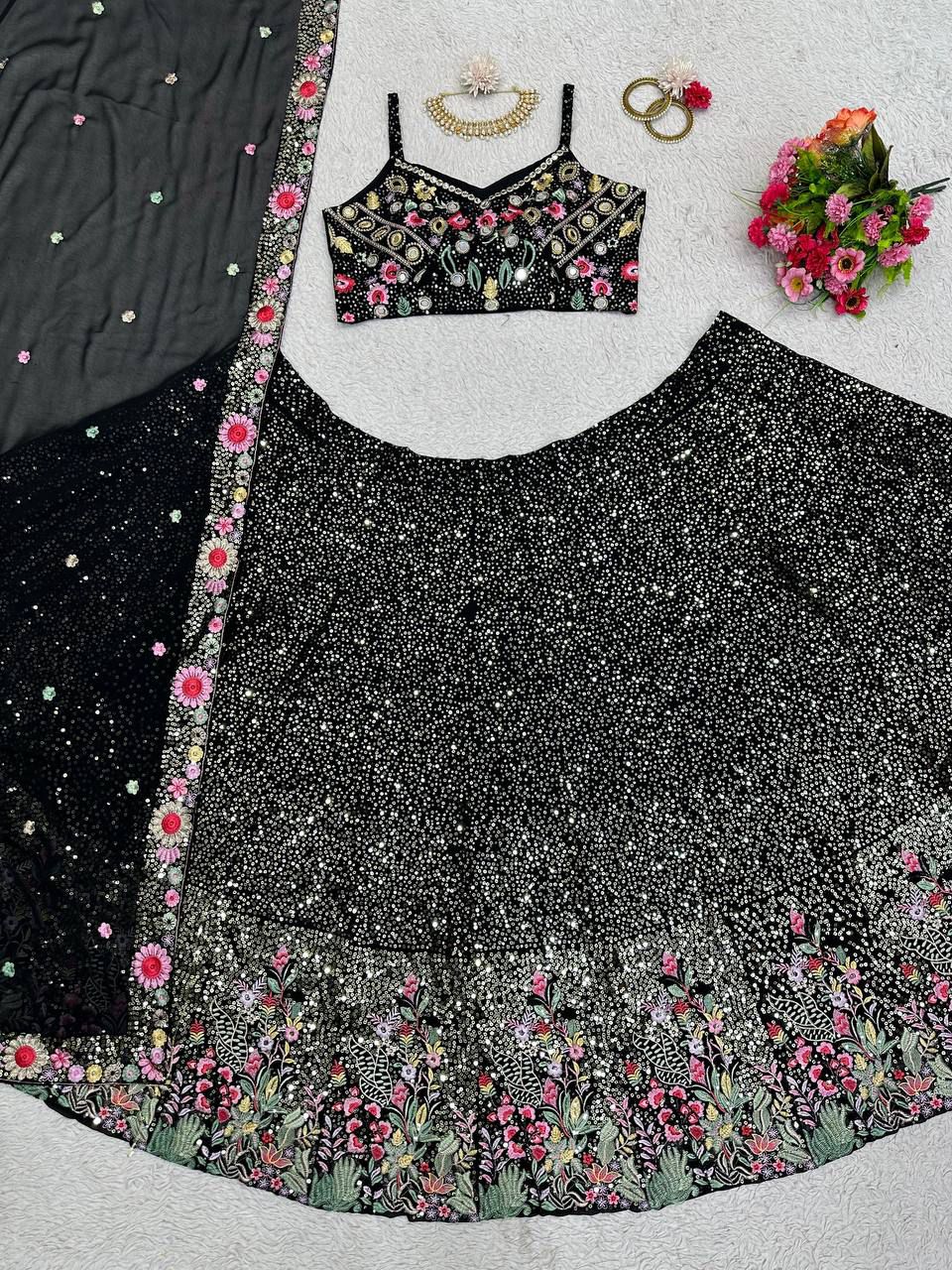 QRC Black Floral Embroidered Lehenga Choli Set – Elegant Traditional Wear