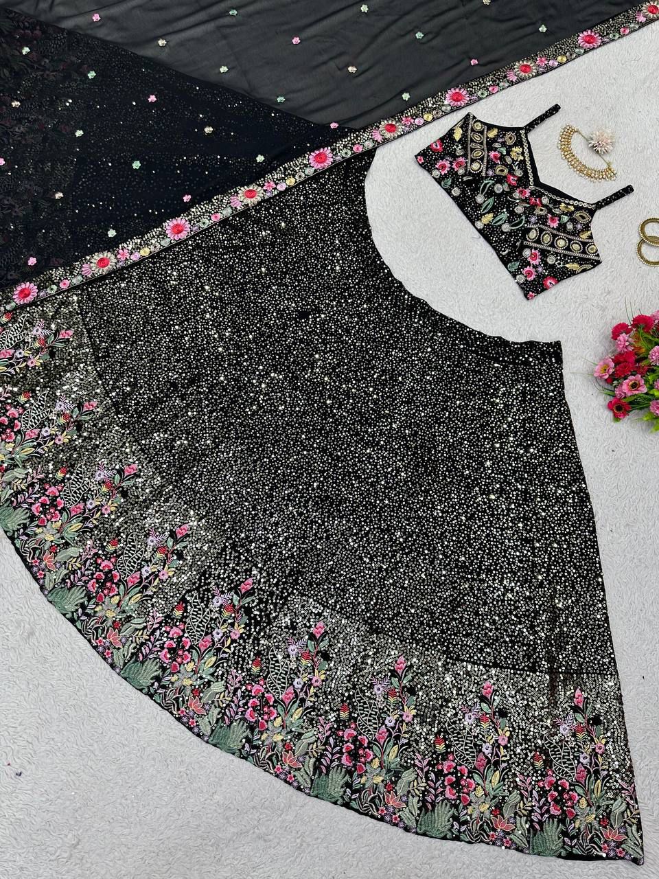 QRC Black Floral Embroidered Lehenga Choli Set – Elegant Traditional Wear