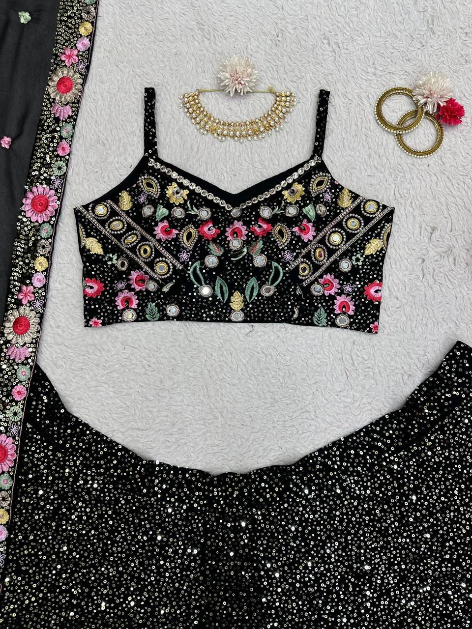 QRC Black Floral Embroidered Lehenga Choli Set – Elegant Traditional Wear