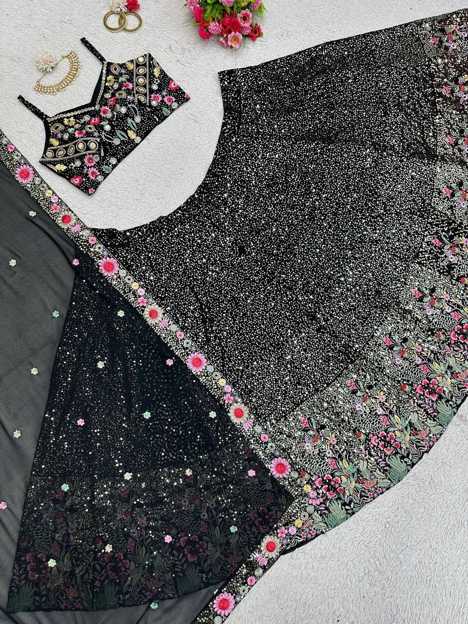 QRC Black Floral Embroidered Lehenga Choli Set – Elegant Traditional Wear