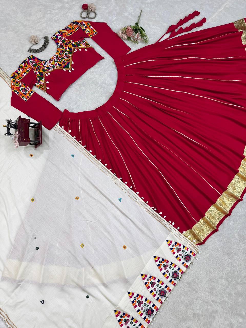 QRC Vibrant Red Embroidered Anarkali Dress with White Dupatta – Traditional & Chic
