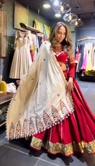 QRC Vibrant Red Embroidered Anarkali Dress with White Dupatta – Traditional & Chic