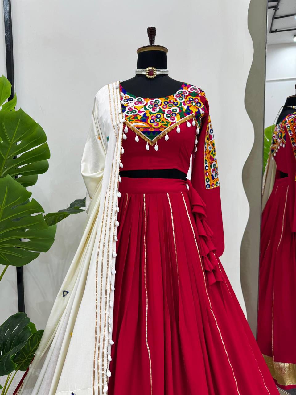 QRC Vibrant Red Embroidered Anarkali Dress with White Dupatta – Traditional & Chic