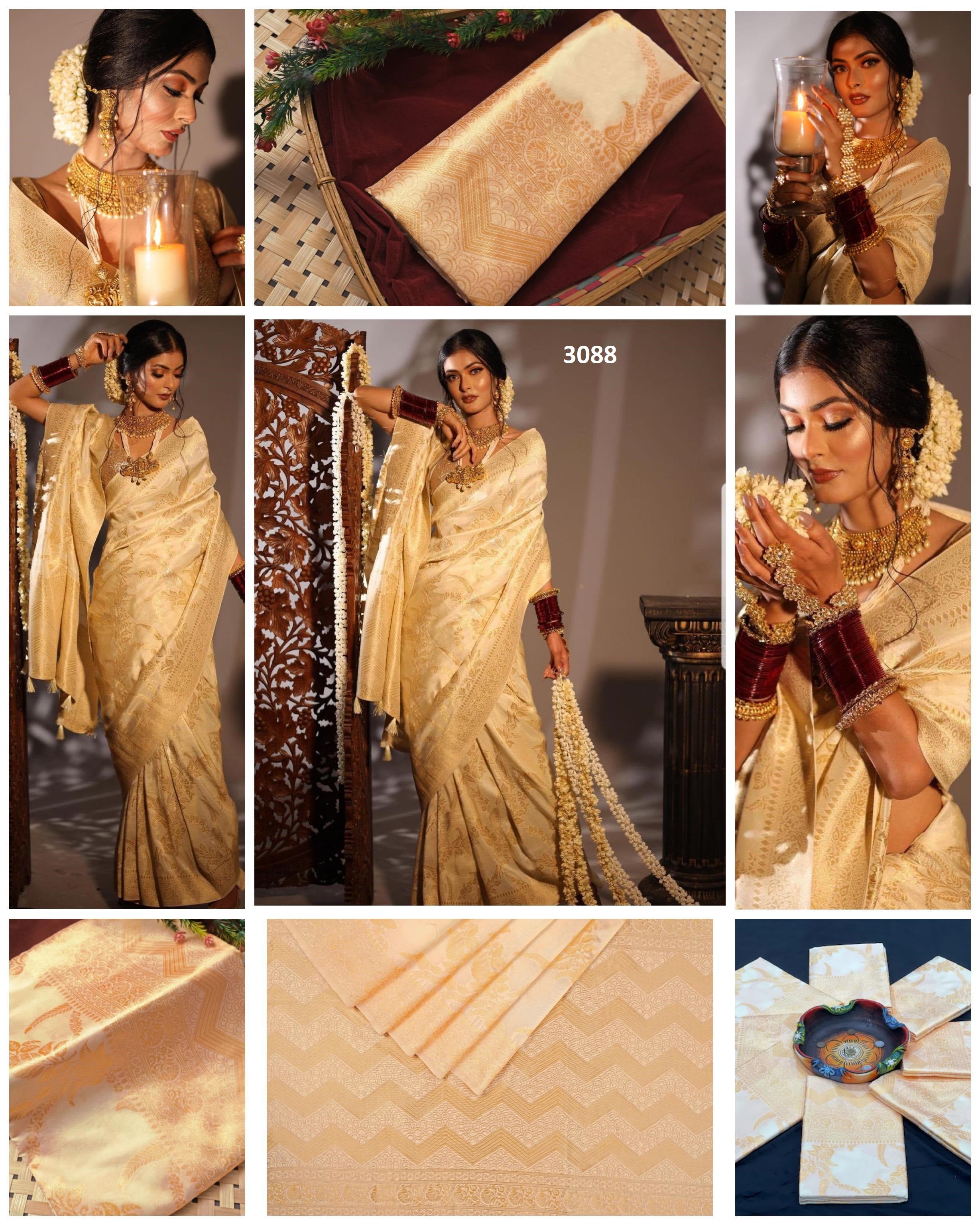 KP CREATION Elegant Cream Silk Saree with Intricate Gold Prints and Traditional Styling