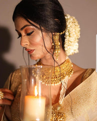KP CREATION Elegant Cream Silk Saree with Intricate Gold Prints and Traditional Styling