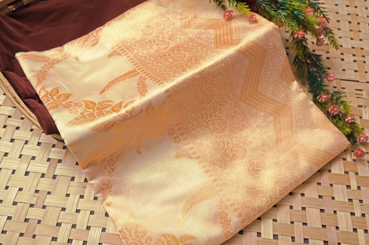 KP CREATION Elegant Cream Silk Saree with Intricate Gold Prints and Traditional Styling