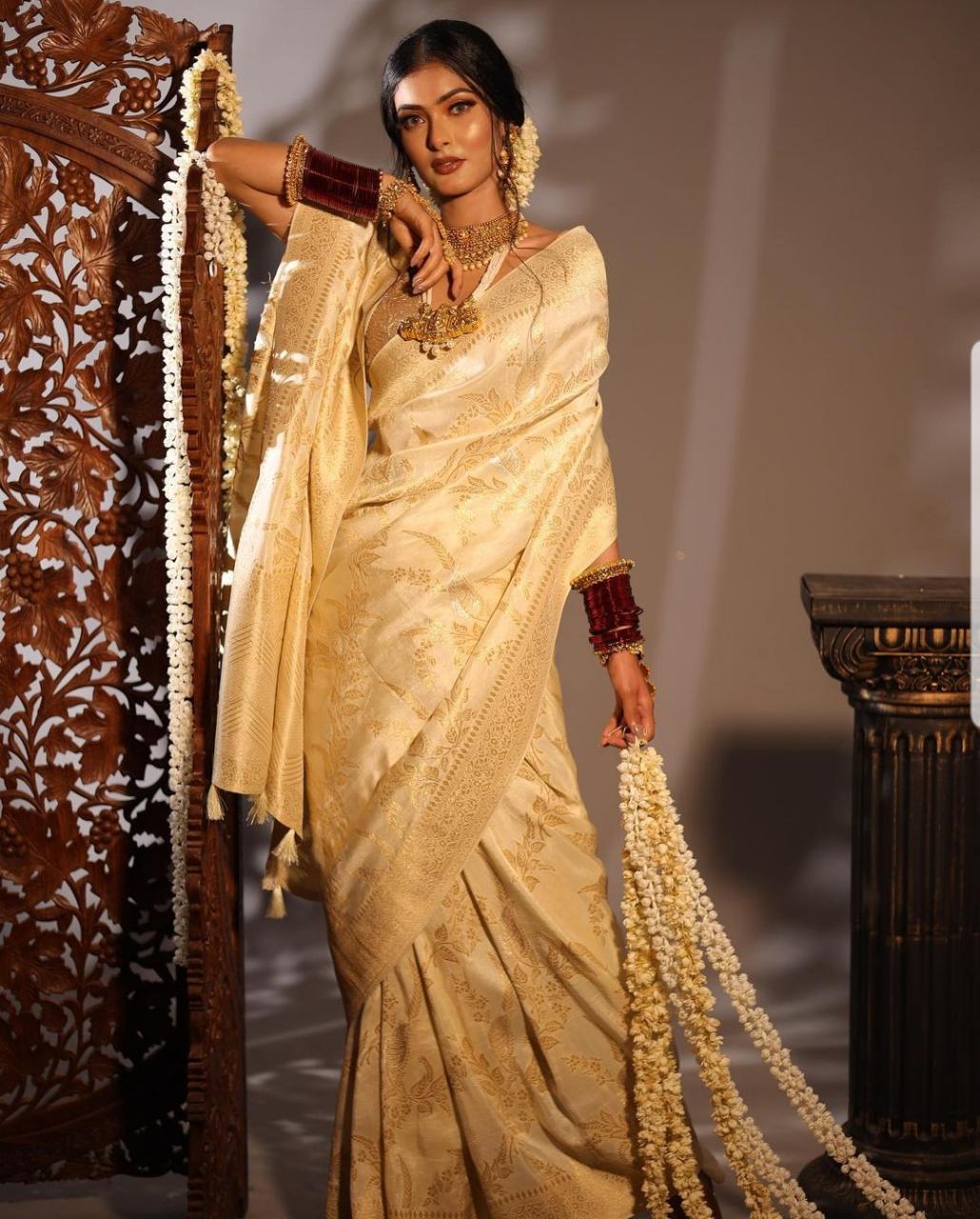 KP CREATION Elegant Cream Silk Saree with Intricate Gold Prints and Traditional Styling