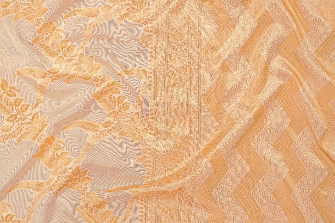 KP CREATION Elegant Cream Silk Saree with Intricate Gold Prints and Traditional Styling